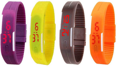 

NS18 Silicone Led Magnet Band Combo of 4 Purple, Yellow, Brown And Orange Watch - For Boys & Girls