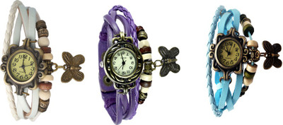 

NS18 Vintage Butterfly Rakhi Watch Combo of 3 White, Purple And Sky Blue Watch - For Women
