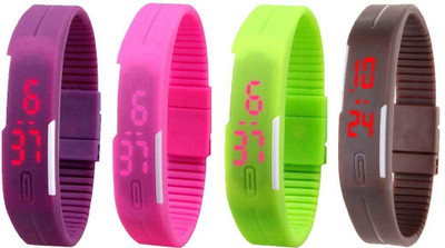 Kissu Led Magnet Band Combo of 4 Purple, Pink, Green And Brown Watch - For Men & Women