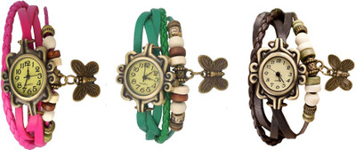 

NS18 Vintage Butterfly Rakhi Watch Combo of 3 Pink, Green And Brown Watch - For Women