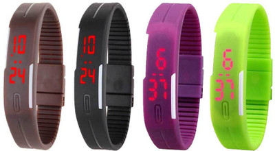

NS18 Silicone Led Magnet Band Combo of 4 Brown, Black, Purple And Green Watch - For Boys & Girls