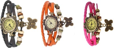 NS18 Vintage Butterfly Rakhi Watch Combo of 3 Black, Orange And Pink Analog Watch  - For Women   Watches  (NS18)