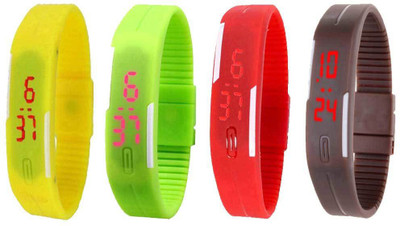 

NS18 Silicone Led Magnet Band Combo of 4 Yellow, Green, Red And Brown Watch - For Boys & Girls