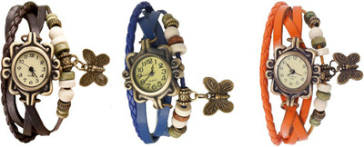

Kissu Vintage Rakhi Watch Combo of 3 Brown, Blue And Orange Watch - For Women