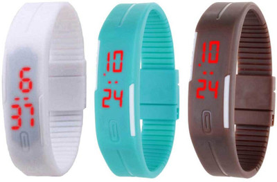 

NS18 Silicone Led Magnet Band Combo of 3 White, Sky Blue And Brown Watch - For Boys & Girls