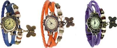 

NS18 Vintage Butterfly Rakhi Watch Combo of 3 Blue, Orange And Purple Watch - For Women
