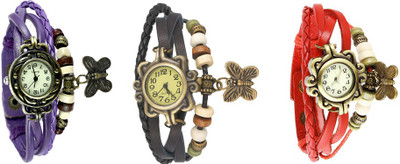 

NS18 Vintage Butterfly Rakhi Watch Combo of 3 Purple, Black And Red Watch - For Women