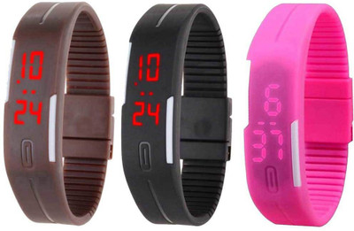 

NS18 Silicone Led Magnet Band Combo of 3 Brown, Black And Pink Watch - For Boys & Girls
