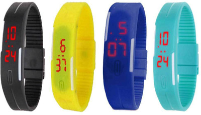 

NS18 Silicone Led Magnet Band Watch Combo of 4 Black, Yellow, Blue And Sky Blue Watch - For Couple