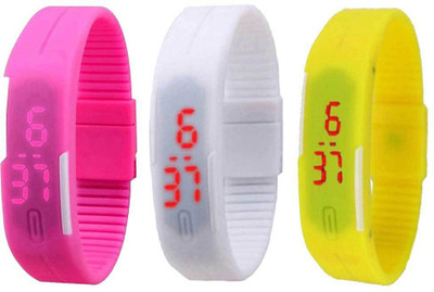 

NS18 Silicone Led Magnet Band Combo of 3 Pink, White And Yellow Watch - For Boys & Girls