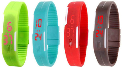 

NS18 Silicone Led Magnet Band Combo of 4 Green, Sky Blue, Red And Brown Watch - For Boys & Girls