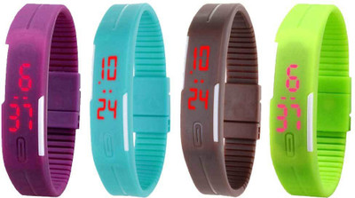 

NS18 Silicone Led Magnet Band Combo of 4 Purple, Sky Blue, Brown And Green Watch - For Boys & Girls