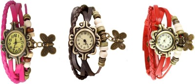 NS18 Vintage Butterfly Rakhi Watch Combo of 3 Pink, Brown And Red Analog Watch  - For Women   Watches  (NS18)