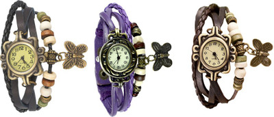 

Kissu Vintage Rakhi Watch Combo of 3 Black, Purple And Brown Watch - For Women
