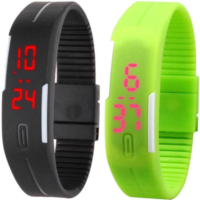 Kissu Led Band Watch Combo of 2 Black And Green Watch - For Couple