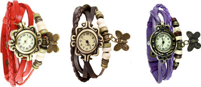 

NS18 Vintage Butterfly Rakhi Watch Combo of 3 Red, Brown And Purple Watch - For Women