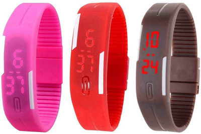 

NS18 Silicone Led Magnet Band Combo of 3 Pink, Red And Brown Watch - For Boys & Girls