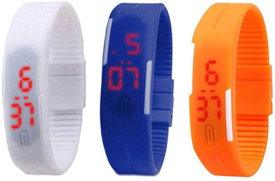 

NS18 Silicone Led Magnet Band Combo of 3 White, Blue And Orange Watch - For Boys & Girls
