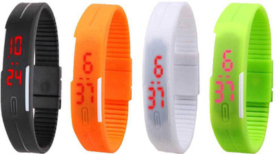 

NS18 Silicone Led Magnet Band Combo of 4 Black, Orange, White And Green Watch - For Boys & Girls