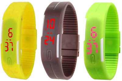 

NS18 Silicone Led Magnet Band Combo of 3 Yellow, Brown And Green Watch - For Boys & Girls