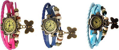 

NS18 Vintage Butterfly Rakhi Watch Combo of 3 Pink, Blue And Sky Blue Watch - For Women