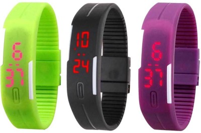 NS18 Silicone Led Magnet Band Combo of 3 Green, Black And Purple Digital Watch  - For Boys & Girls   Watches  (NS18)