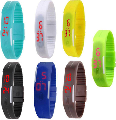 

NS18 Silicone Led Magnet Band Combo of 7 Sky Blue, White, Yellow, Black, Blue, Brown And Green Watch - For Boys & Girls