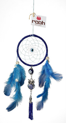 

Rooh Wellness Rooh dream catcher evil eye and owl car hanging Wool Windchime(9 inch, Blue, Silver)