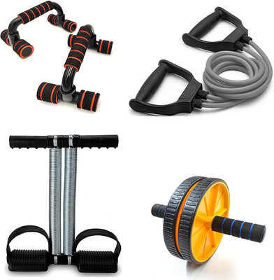Manogyam Combo Of Resistance Tube, Heavy Tummy Trimmer , Pushup bar And Ab roller Ab Exerciser(Multicolor)