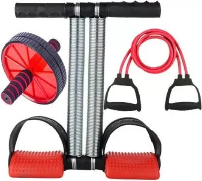 Trends Maker Double Tummy Trimmer and Resistance Band & Abs Wheel Roller(3 IN1 Combo) Ab Exerciser(Red)