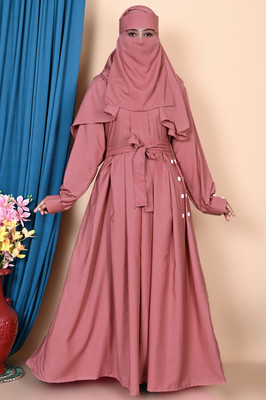 Angleabayas Cotton Blend Self Design Abaya With Hijab(Pink)