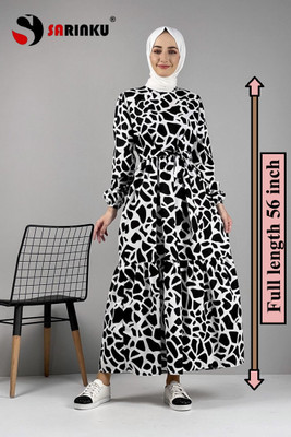 SARINKU Crepe Printed Abaya(Black, White)