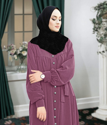 Buraque Designer Polyester Solid Abaya With Hijab(Purple)