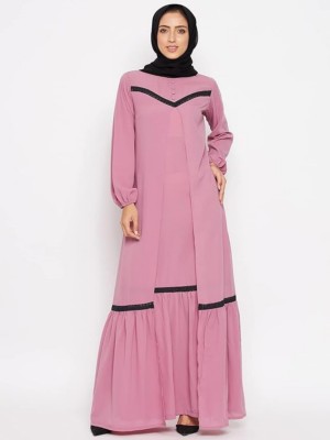 black rose Cotton Blend Solid, Self Design Burqa With Hijab(Pink)