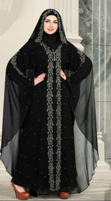 Emaan Outfit Nida Matte, Chiffon, Georgette Chiffon Blend Self Design, Solid, Houndstooth Abaya With Hijab(Black)