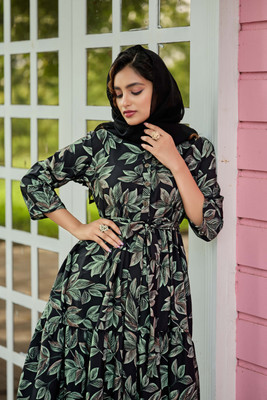 SARINKU Crepe Printed Abaya(Black)