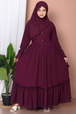 Jorifashion Georgette Solid Abaya With Hijab(Maroon)