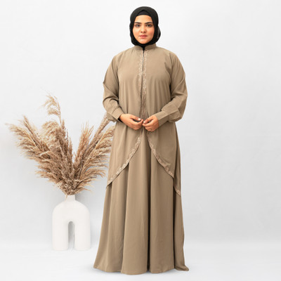 MODEST CITY Crepe Self Design Abaya With Hijab(Beige)