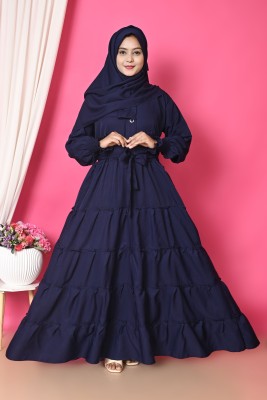 Ahil Dresses Cotton Silk Solid Abaya With Hijab(Blue)