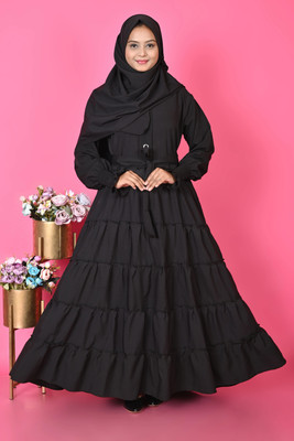 HrCollection Cotton Silk Solid Abaya With Hijab(Black)