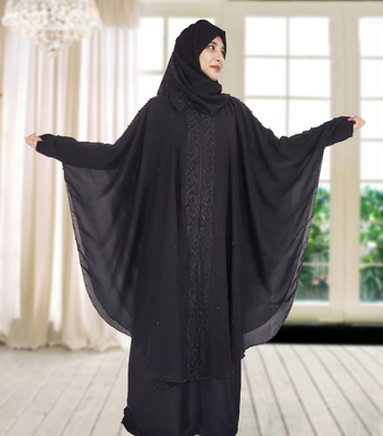 Buraque Designer Nida Matte Solid Burqa With Hijab(Black)