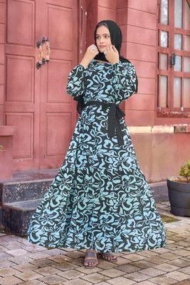 SARINKU Georgette Printed Abaya(Black, White)
