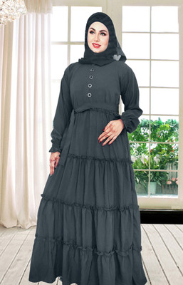 Buraque Designer Polyester Solid Abaya With Hijab(Grey)