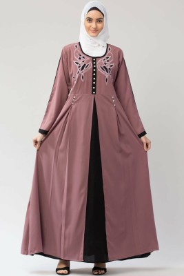 VEGAFAB Crepe Solid Abaya With Hijab(Pink)