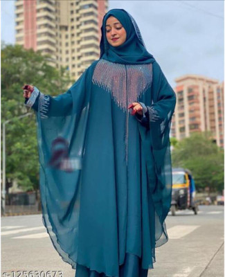 Dubai Collection Nida Matte Self Design Abaya With Hijab(Green)
