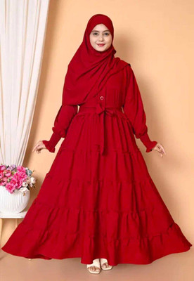 Angleabayas Cotton Blend Solid Abaya With Hijab(Maroon)