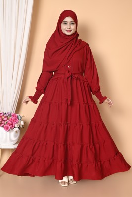 Ahil Dresses Cotton Silk Solid Abaya With Hijab(Red)