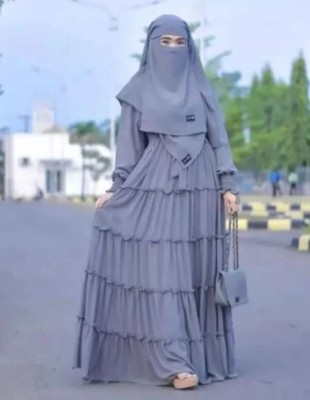 black rose Georgette Self Design, Solid Abaya With Hijab(Grey)