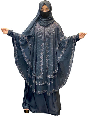 Hera Georgette Solid Abaya With Hijab(Grey)