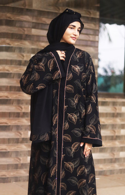 Buraque Designer Polyester Printed Abaya With Hijab(Black)